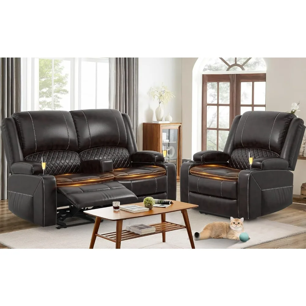 

Loveseat Recliner Sofa Set with 2-Tier Cushion, 3 Pieces in Living Room, Removable Console, 1 Oversize Recliner Chair Sofa Seat