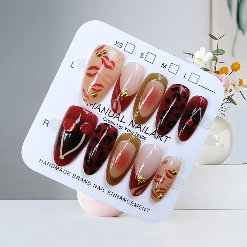 10 stuks Franse stijl mode kersenkus korte amandel druk op nagels trend chic luipaardprint vergulde nagelpatch cat eye valse nagel