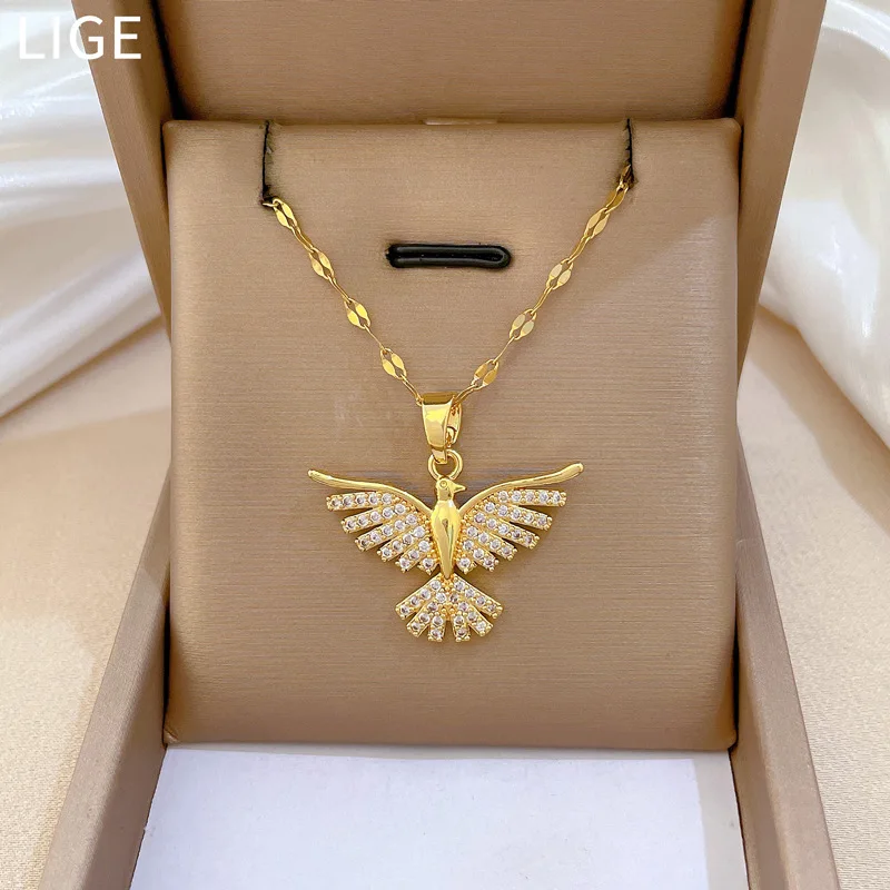 DIEYURO 316L Stainless Steel Phoenix Eagles Pendant Necklace For Women Girl 2023 New Trend Choker Neck Chain Jewelry Gift Party
