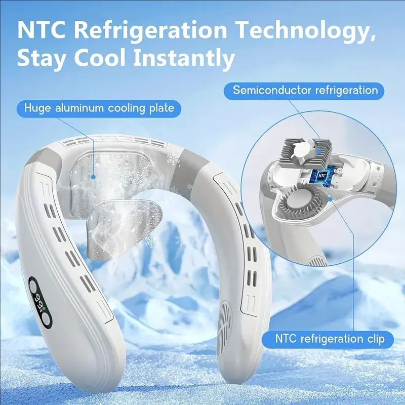 مروحة رقبة محمولة قابلة لإعادة الشحن عبر USB مع 360 درجة °   تبريد كامل الجسم، بطارية 5200 مللي أمبير في الساعة، تدفق هواء قابل للتعديل، تصميم مدمج - مثالي لـ