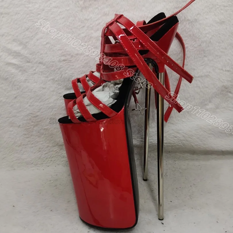 

Red Platform Metal Heels Sandals Open Toe Ankle Buckle Patent Leather Stylish Design for Women Party Shoes Zapatos Para Mujere