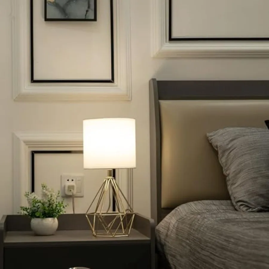 Modern Hollow Out Base Bedroom Small Table Lamp, Bedside Nightstand Lamp with Geometric Metal Base White Fabric Shade, Cute Des view 4