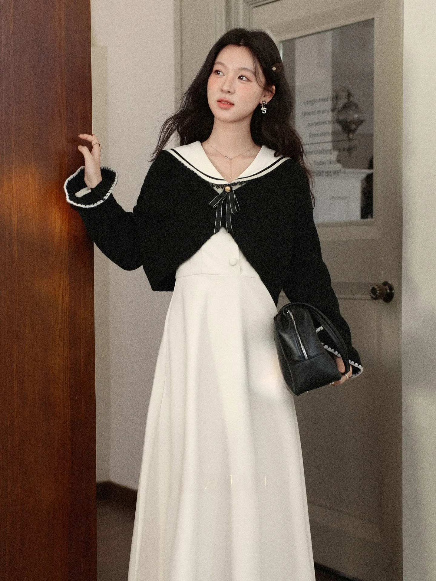 

South Deer Cloud Mousse Long Sve Knitted Dr Navy Collar Women's Set Autumn Winter Faion Casual Ele Sle