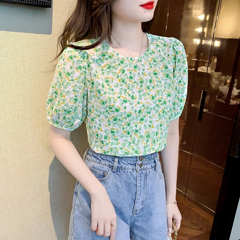 Women Casual Summer Blouses Floral Printed 2024 Fashion Loose Pink Blusa Feminina Vintage Korean Ladies Puff Sleeve Tops Mujer