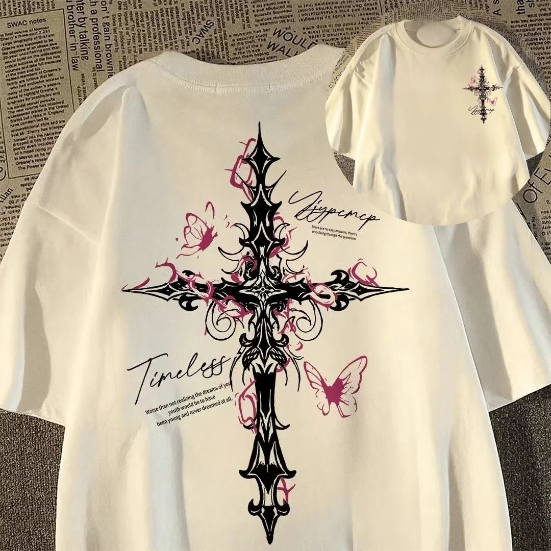 2026 Hip-Hop Cross-Print Loose-Fit Baumwoll-T-Shirt mit kurzen Ärmeln für Herren, Damen und Kinder, Amerikanischer High-Street-Stil für den Sommer – Detail 8