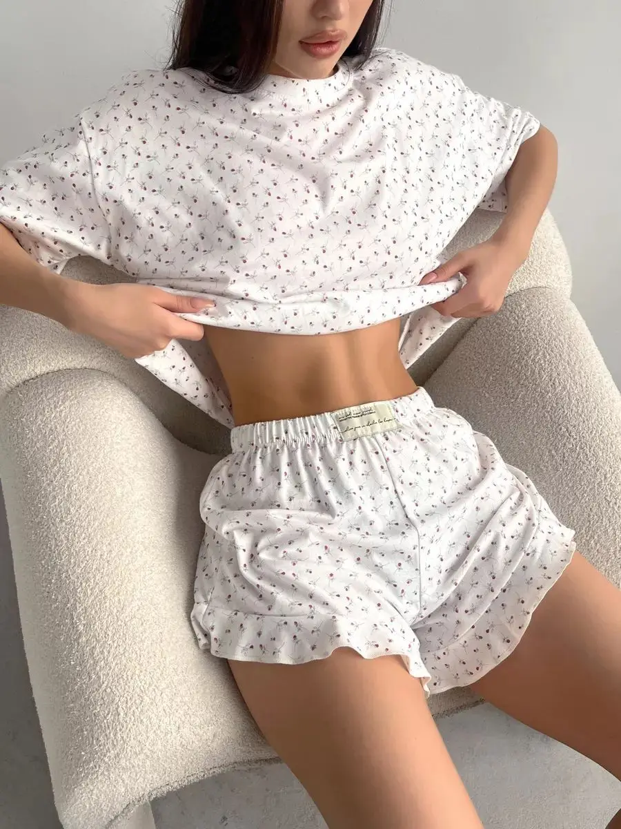 

American-Style New Women's Fashion Pyjamas with Short Sleeves and Ruffled Shorts Sexy Casual Women's Loungewear Summer Set