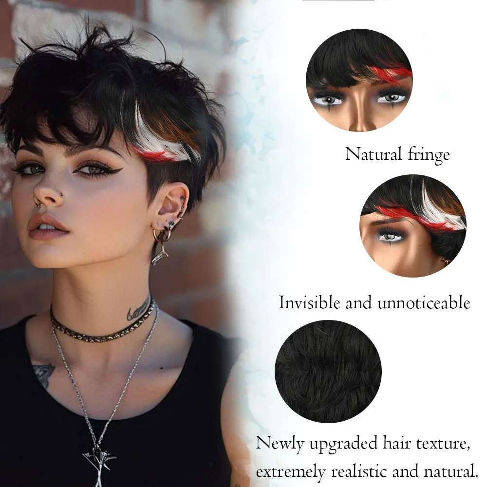 

Short Curly Pixie Cut Wig with Colored Highlights Synthetic Hair Wig with Bangs, Natural Black Short Wave Wig