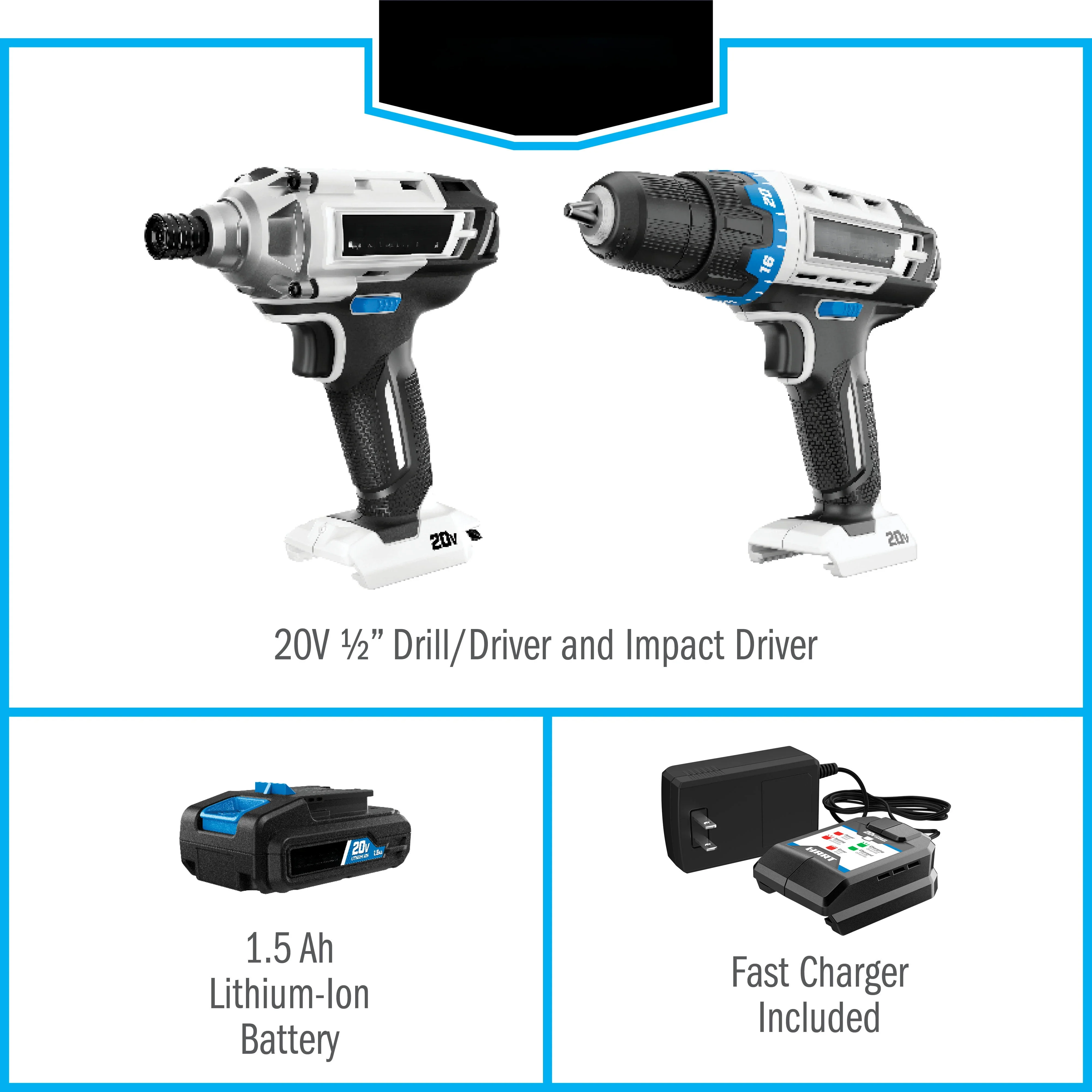 For HART 20-Volt Cordless 2-Piece 1/2-inch Drill and Impact Driver Combo Kit (1) 1.5Ah Lithium-Ion Battery