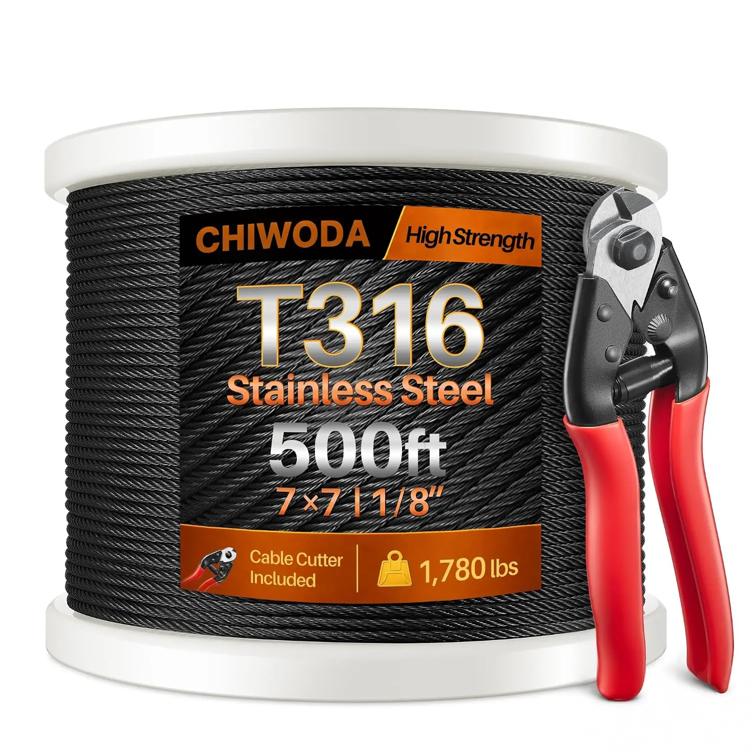 KAIWEI 1/8” Black Stainless Steel Cable for Railing 500FT, 7x7 Wire Rope