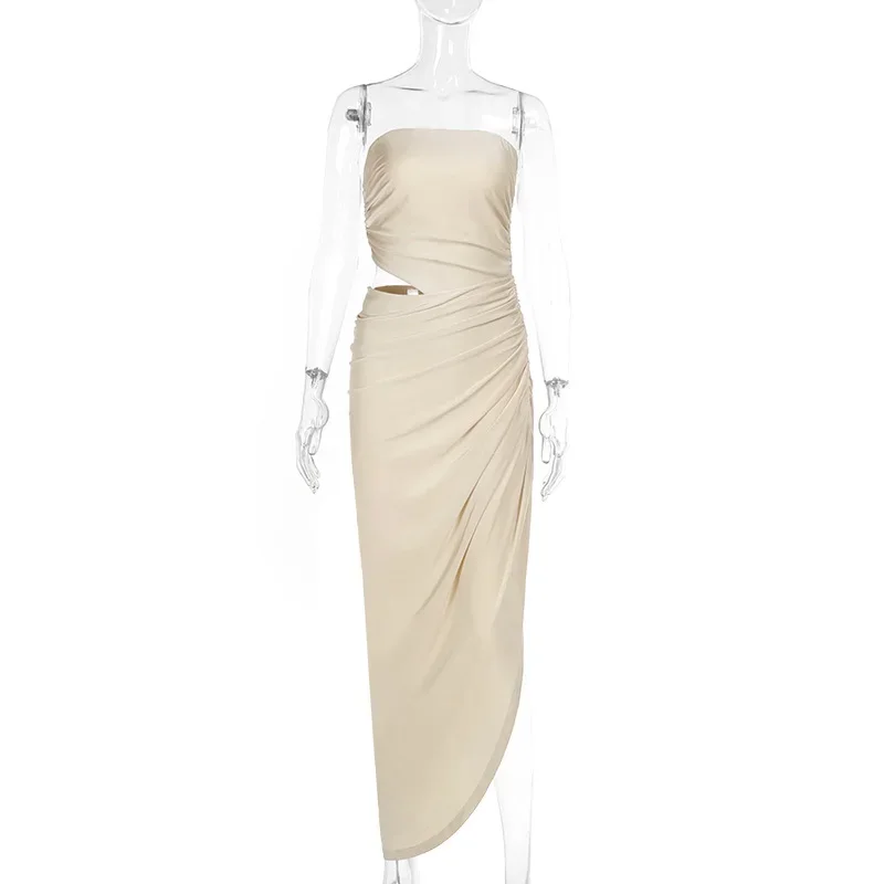 Women Sexy Hollow Out Shirring Strapless Asymmetrical Maxi Party Dress Elegant Strapless Backless Banquet Birthday Long Robe