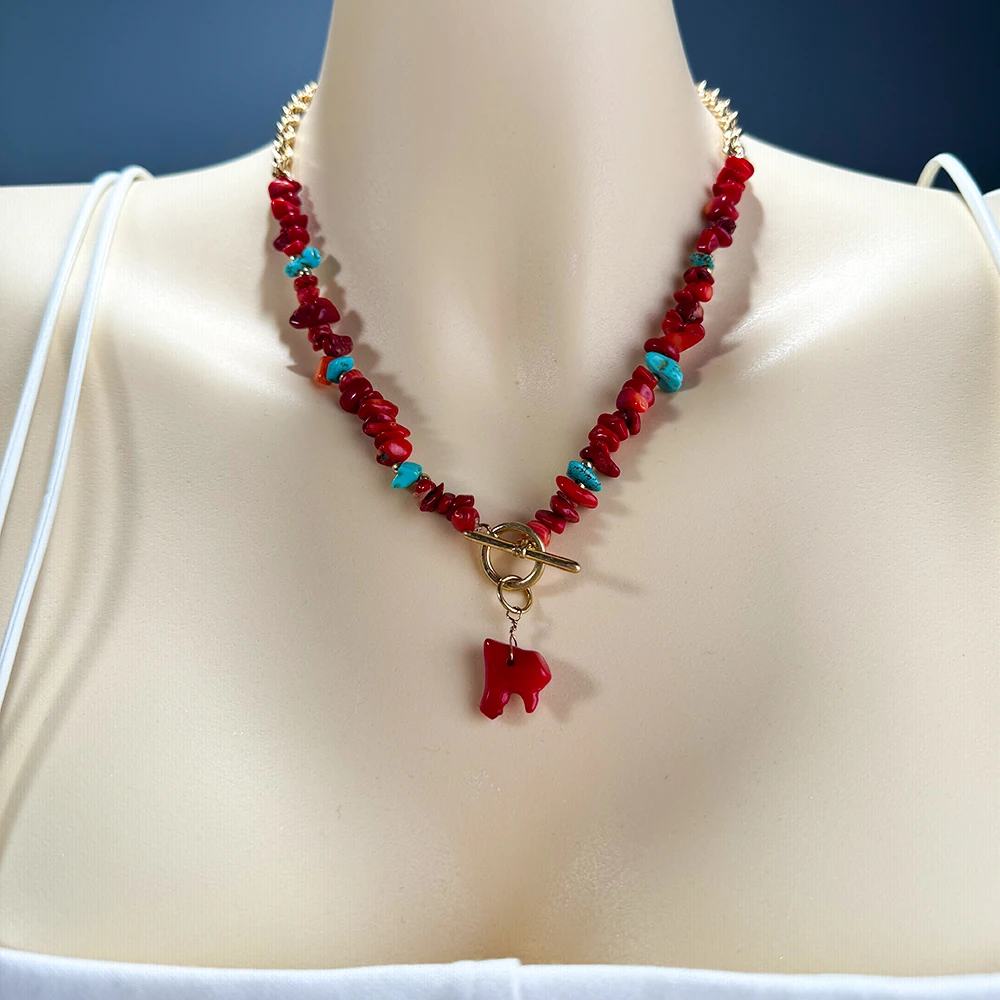 New Original Design Natural Gemstone Irregular Red Coral Toggle Chain Necklace Pendant Stainless Steel Accessories