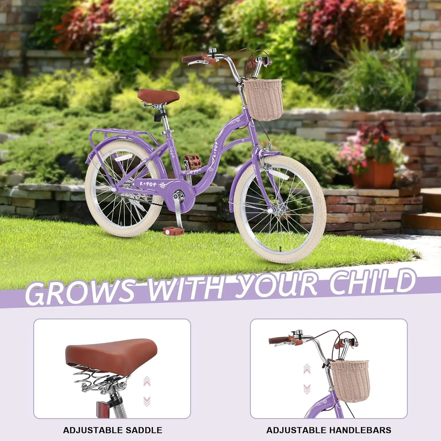 Meisjesfietsen voor kinderen van 8 tot 12 jaar, 20 inch kinderfiets voor jongen en meisje met standaard, retro kinderfietsen met mand, Bea