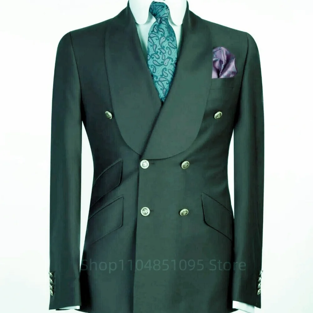 

Formal Men Suit Jacket Slim Fit Navy Blue Long Sleeve Shawl Lapel Double Breasted Blazer Business One Coat Work Office Jacket