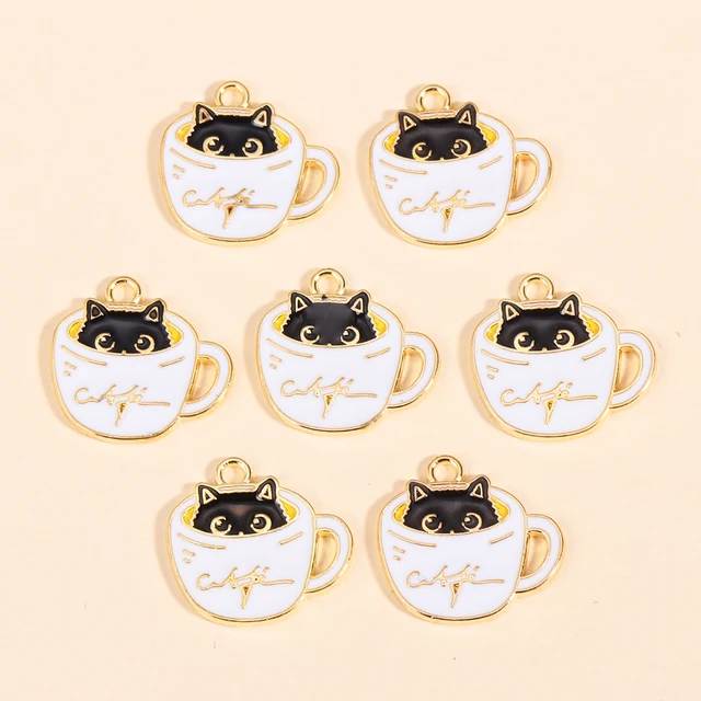 10 sztuk śliczne emaliowane kubki kot urok do tworzenia biżuterii rzemiosło Kawaii kolczyki ze zwierzętami wisiorek akcesoria naszyjnikowe Diy Supplies