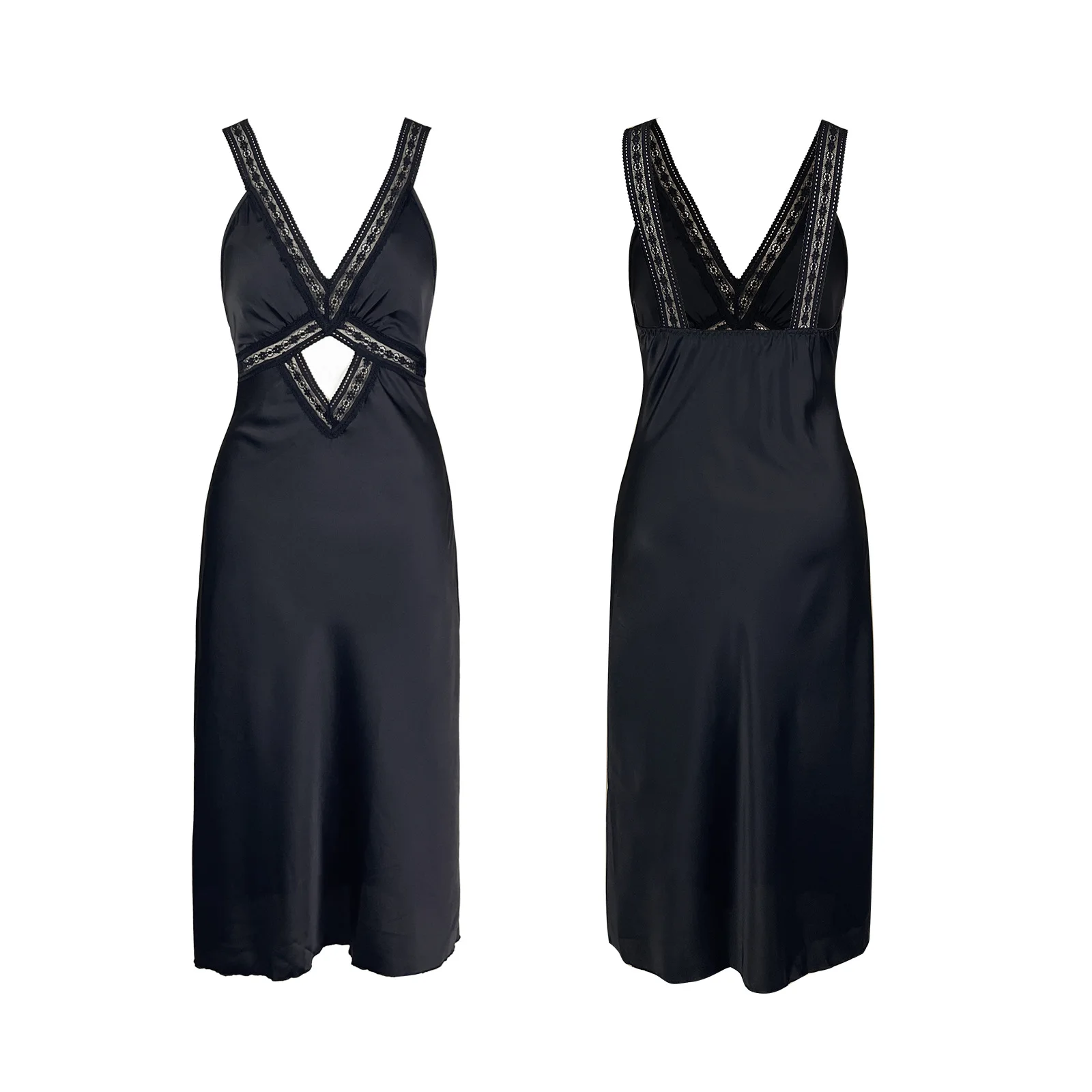 Women Black Satin Midi Nightgown V Neck Lace Trim Strap Front Cutout Slim Fit Back Simple Elegant Ladies Sleep Slip Dress SCWW