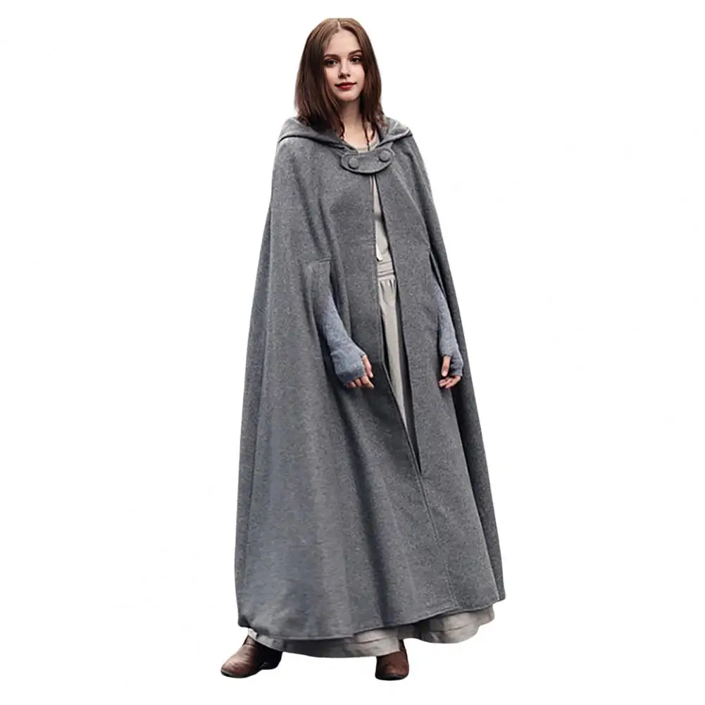 

Women Woolen Coat Retro Cape Jacket with Hood Ankle Length Loose Cloak Thick Single-button Closure Outdoor