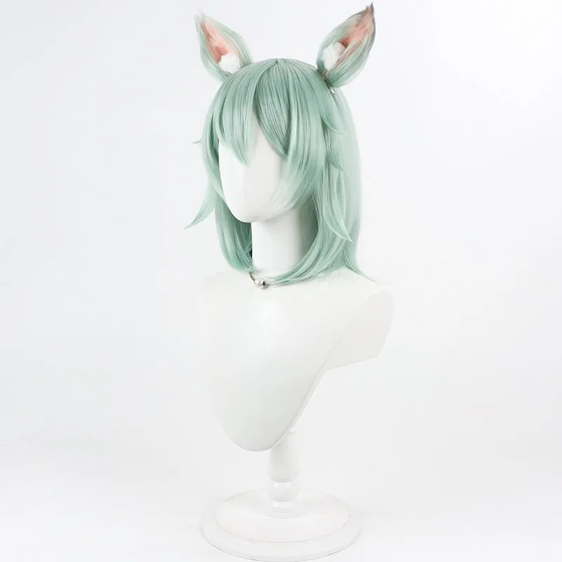 Anime Chainsmoker Cat Yaniko Sato Cosplay Wig Mint Green Short Hair Yanineko Cat Ears Tail Halloween Party Carnival Roleplay Wig view 3