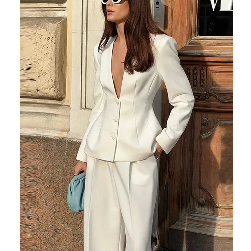 Elegant 2-Piece Sets for Women Deep V-neck Long Sleeve Coat Tops Loose Casual Trousers Pants Women's Suits Minimalism White New