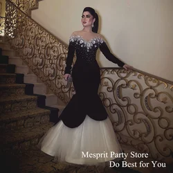 Elegant Mermaid Prom Dress Sheer O Neck Long Sleeve Flowers Beading Floor Length Trumpet Evening Gown Saudi Arab Party Dresses