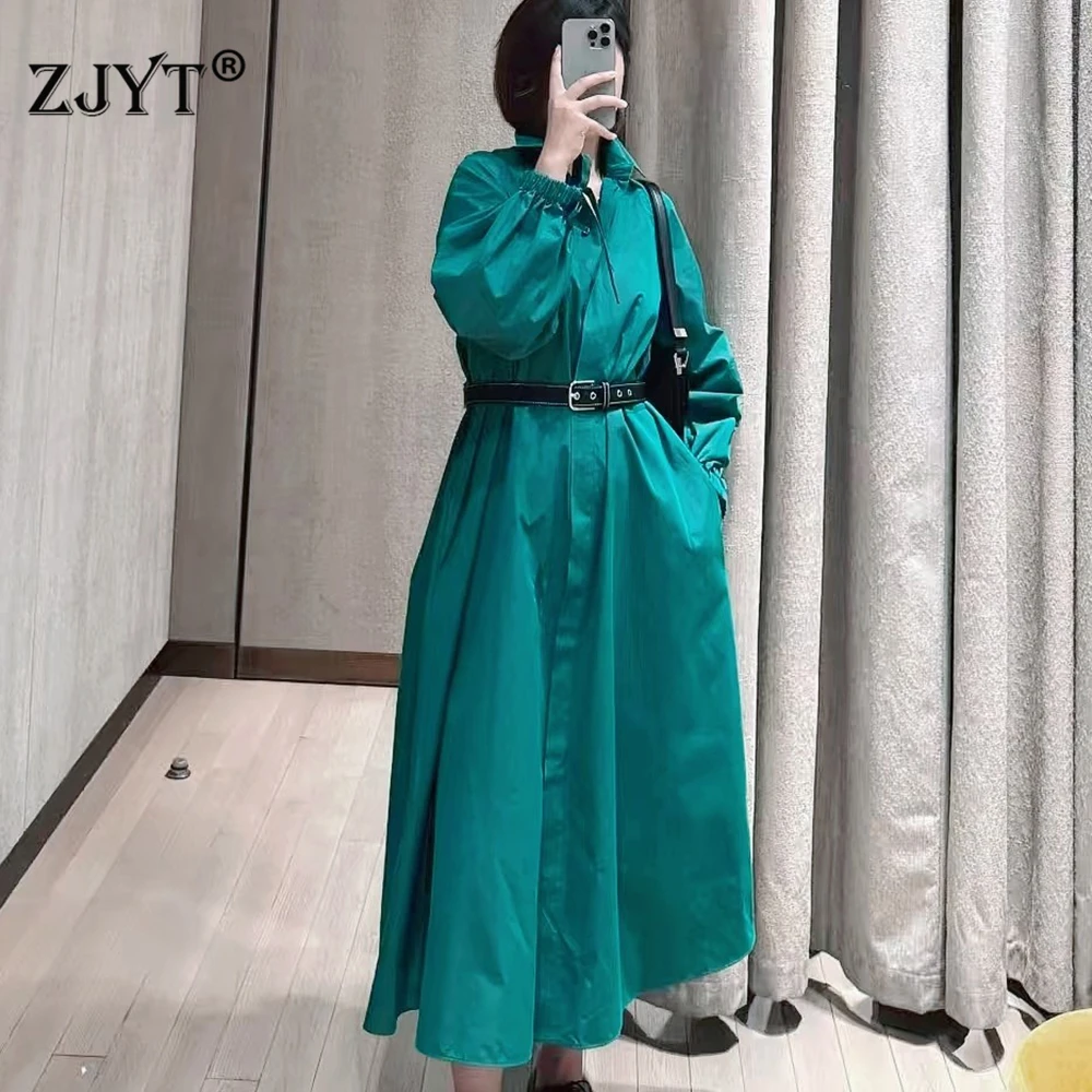 ZJYT Herbst Neue Hemdkleider aus 100 % Baumwolle für Frauen 2025, modisches Langarm-Reverskragen mit Gürtel, lässiges Midi-Urlaubskleid