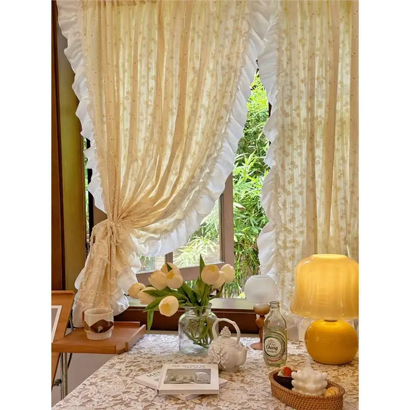 Custom Size Luxury Modern Fashion European Gentle Goose Yellow Daisy Ruffle Curtain Floral Bedroom Partition Curtain Kitchen