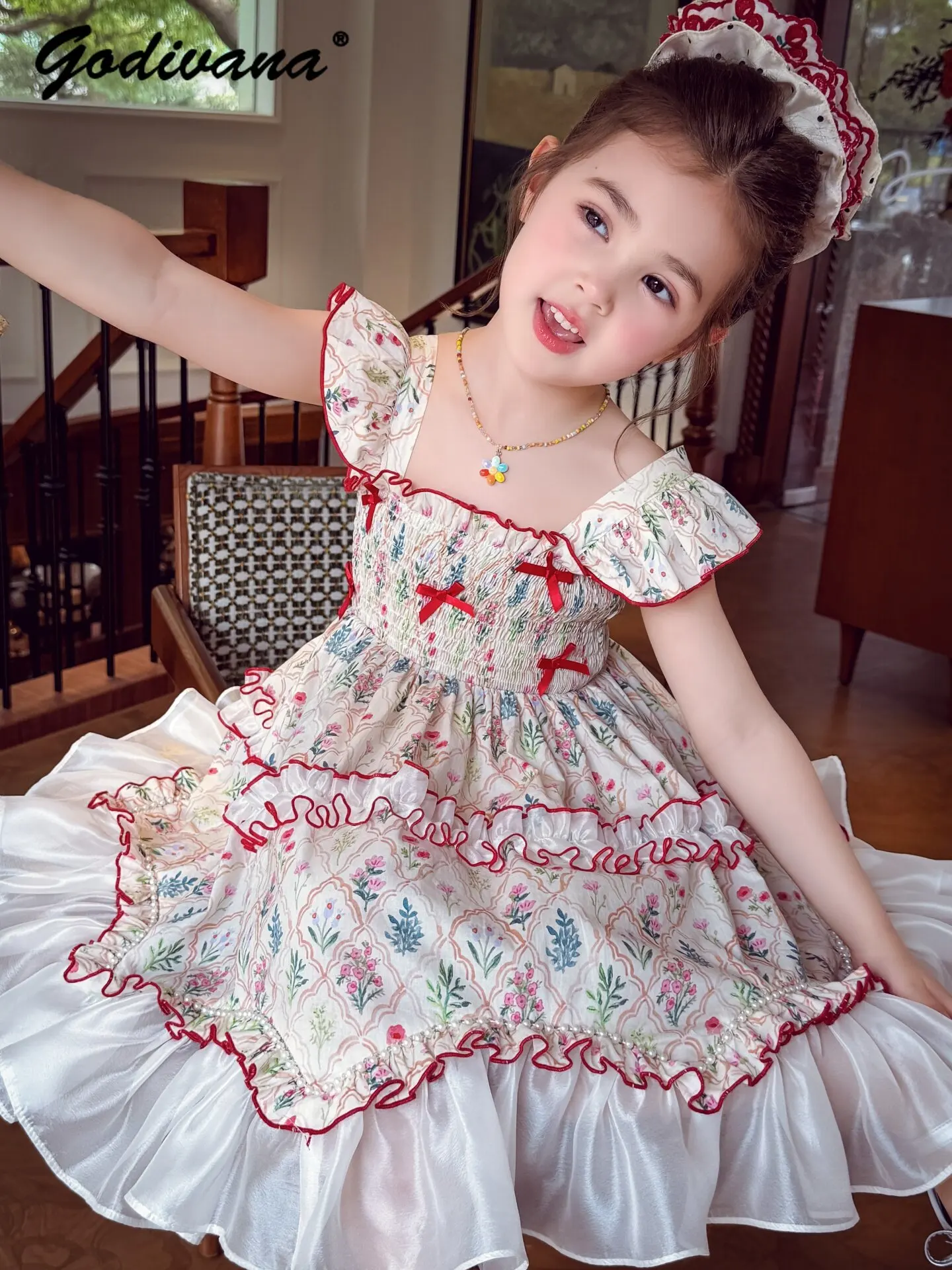 Sweet Baby Girls French Pastoral Floral Print Dress 2026 New Summer Kids Flutter Sleeves Mesh Patchwork Ruffle Trim Sundress