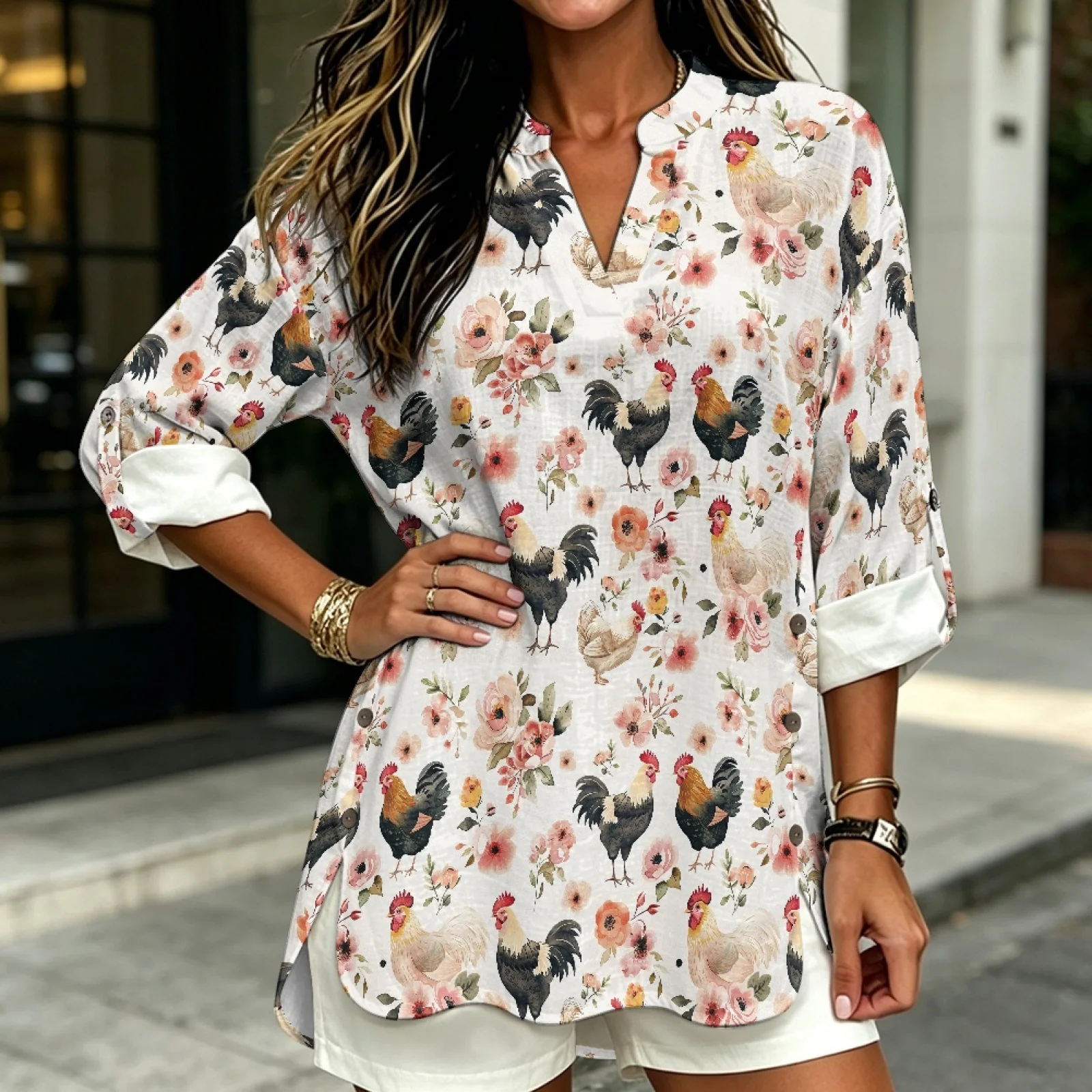 PENSTROLL Rooster Floral Linen Like V Neck Blouse Roll Up 3/4 Sleeve Loose Fit Blouses for Women Sizes S-5XL