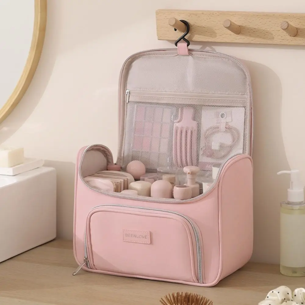 Multi Compartment Cosmetic Bag Carry Handle Front Pocket Makeup Organizer Bag Double Zipper Portable Travel Makeup Case