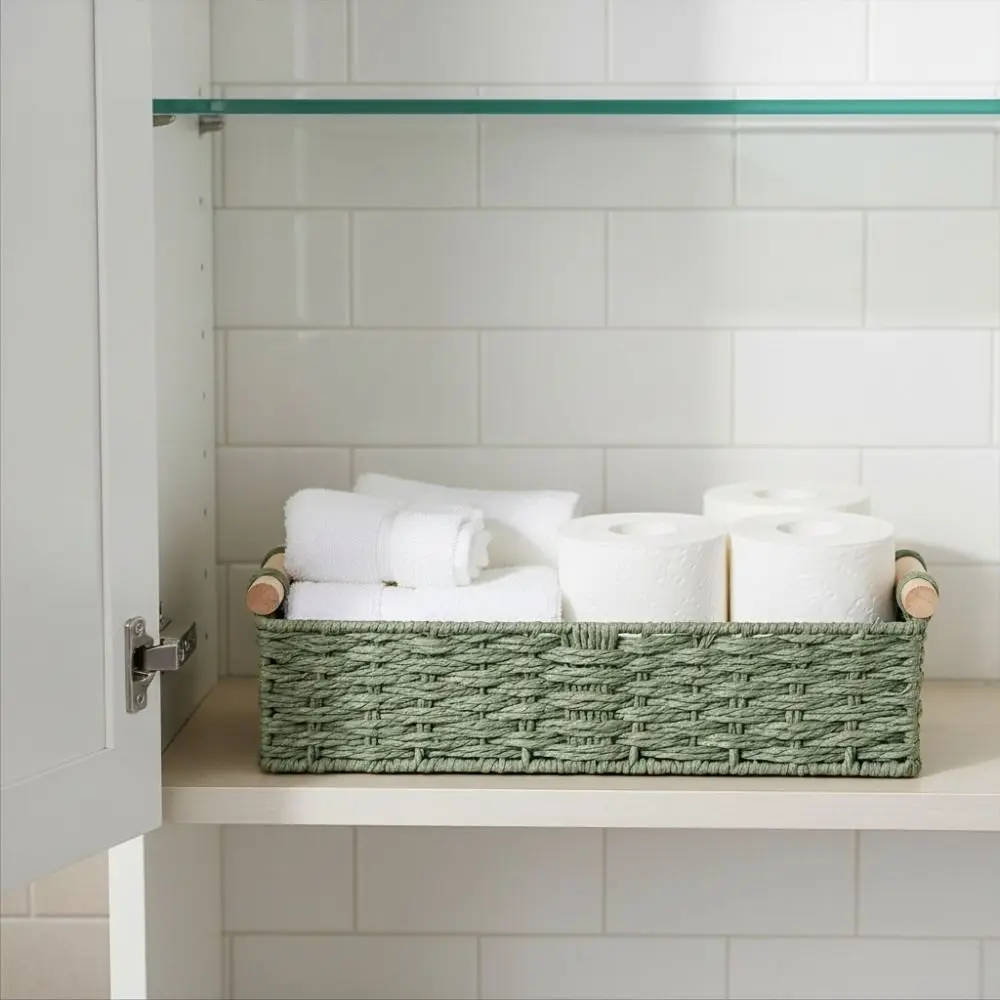 Retro Braided Toilet Paper Basket Handwoven Wood Handle Sundry Storage Basket Rectangular Ventilated Cabinet Organizer Kitchen