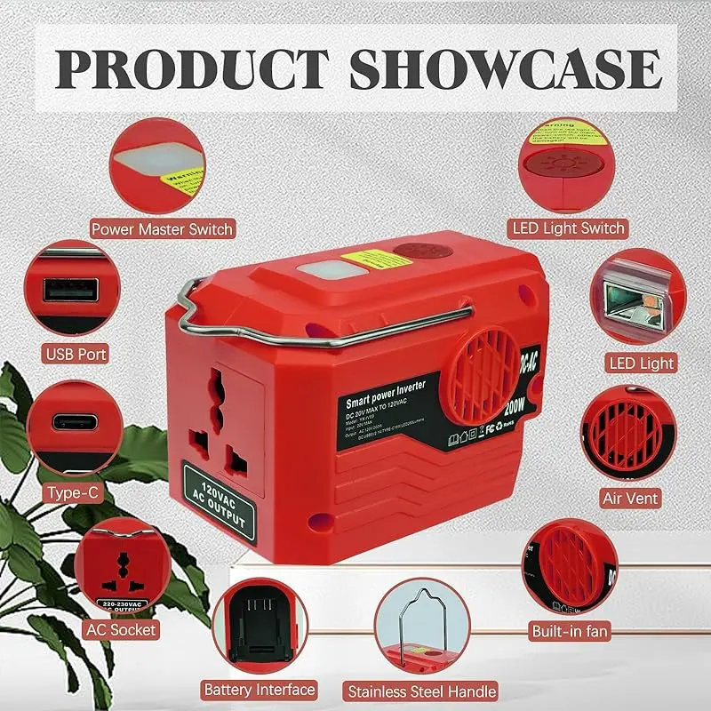 For Milwaukee M18 20V Power Inverter 220V 200W AC OUTLET with USB Port&Type-C Port