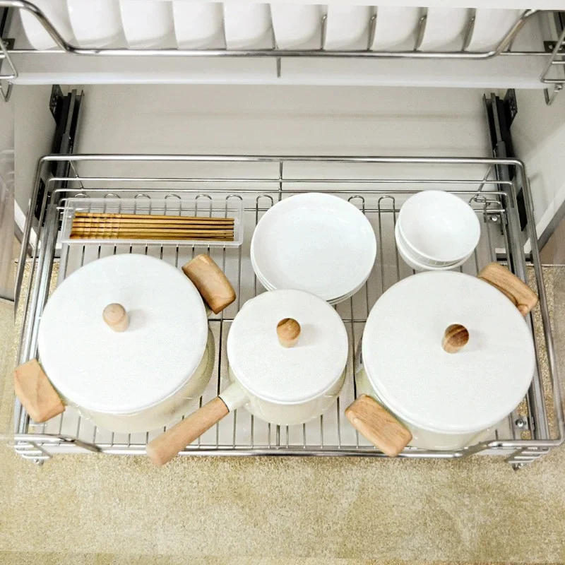 

Kitchen Cabinet Pull-Out Dish Rack 2-Tier Drawer Organizer with Damping Slides Plate Bowl Utensil Storage Basket