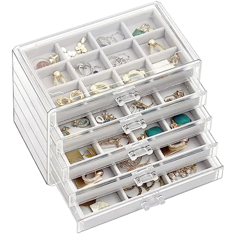 Earring Holder Organizer Jewelry Box with 5 Drawers, Acrylic Clear Earring Case with Adjustable Velvet Trays for Women - Grey,