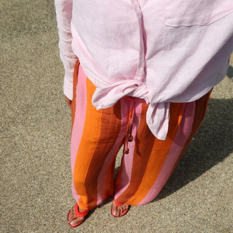 MUJER Striped Wide Leg Pants for Women Mid Waist Baggy Pants Woman Summer Casual Woman Trousers Holiday Loose Women's Pants