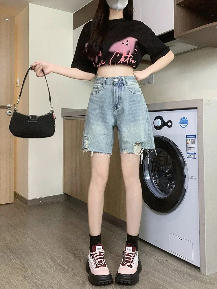 

Fashion Street Simple Basic Women Shorts New Summer Casual Slim Denim Women Shorts Retro High Waist Light Blue A-line Shorts