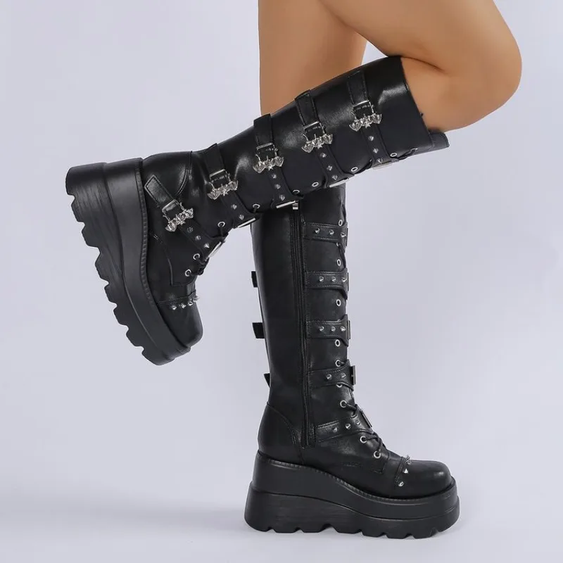 10cm High Quality Women Platform Boots Fashion Designer Belt Buckle Punk Boots for Women Casual Leather Knight Boot Botas Mujer