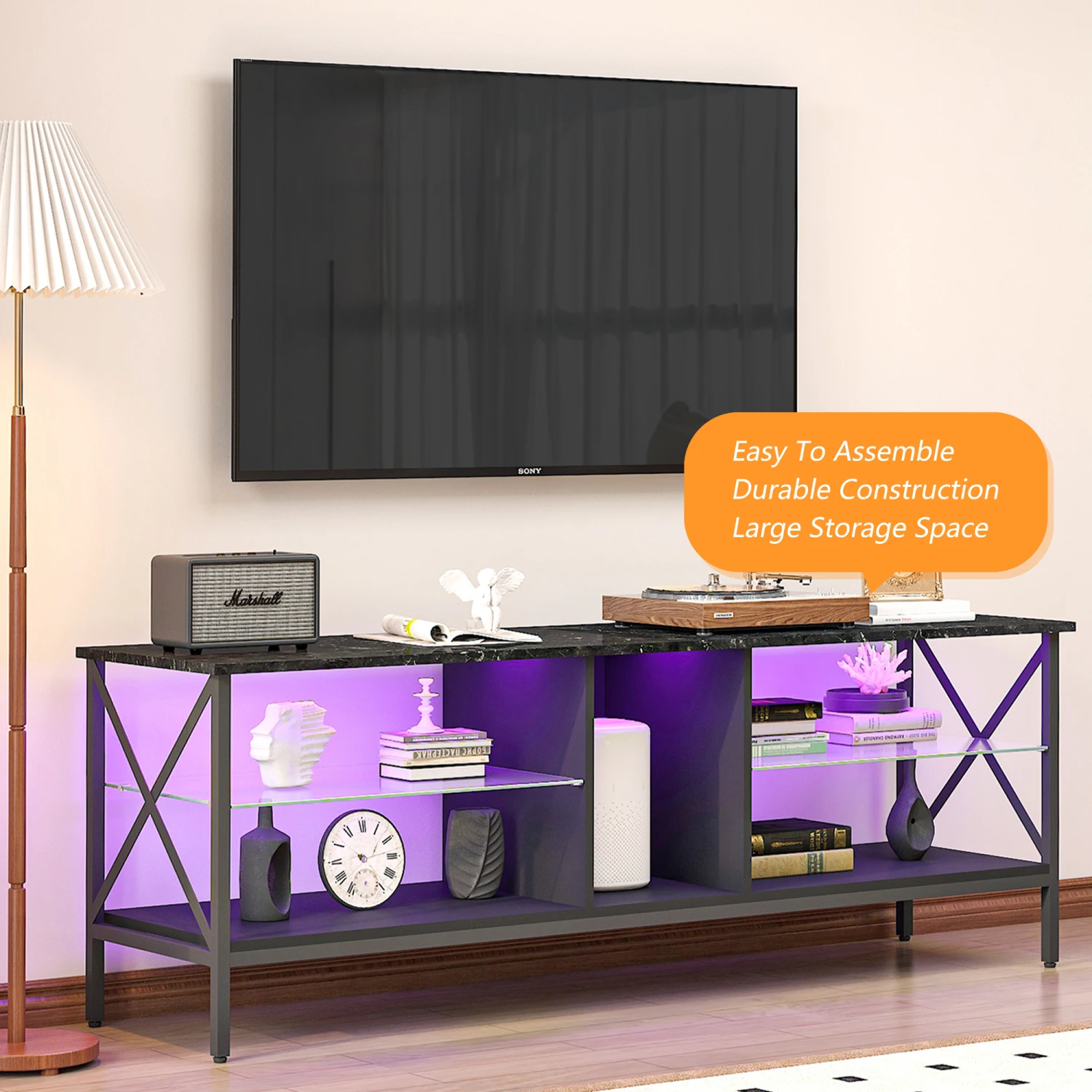 

TV stand,Iron TV cabinet,entertainment center, TV set, media console, with LED lights, remote control,toughened glass stand,can