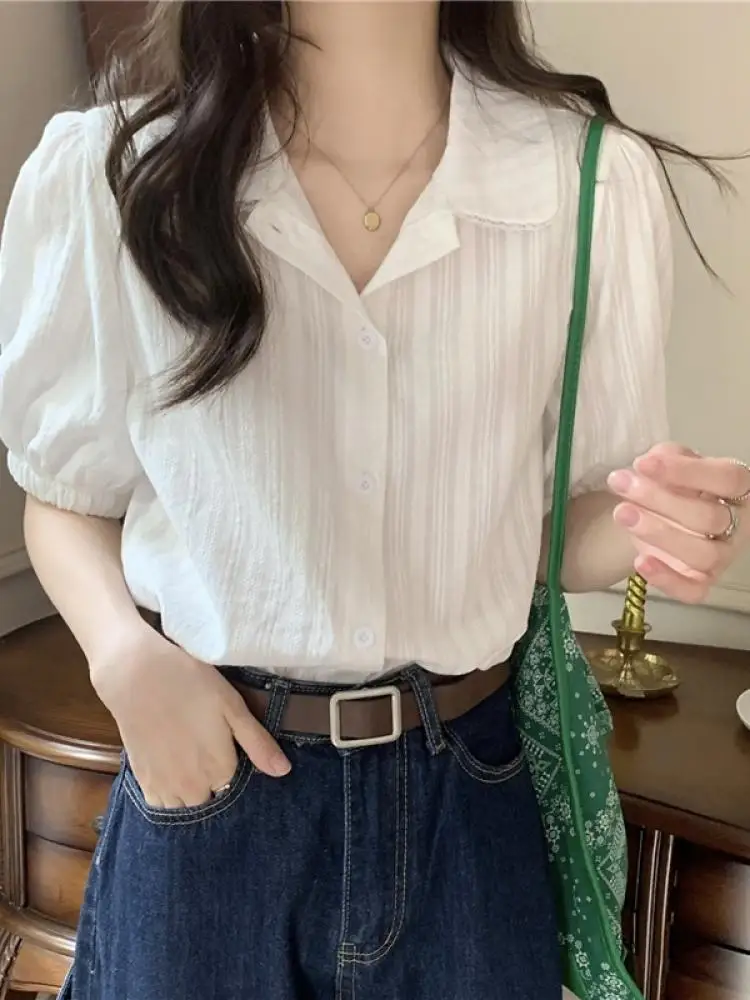 Korean Style Sweet Short Sleeve Shirt Women's Summer New Design Lace Trim Loose White Top Breathable Skin-Friendly  Collar