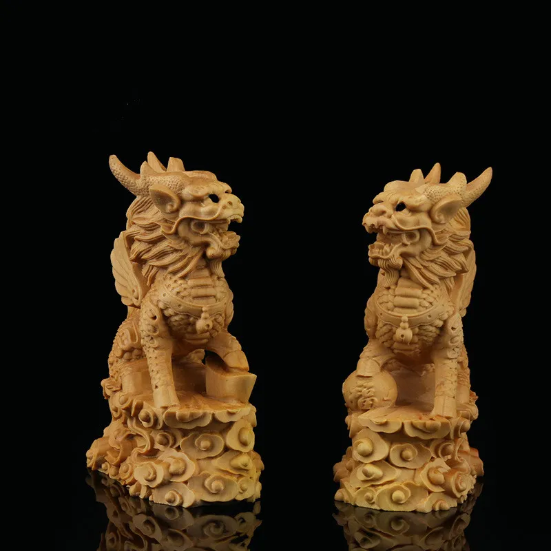 

Boxwood Wood Carved Send Blessing Kylin Send Treasure Unicorn A Pair Statue Amulet Decor Figurines Craft Mascot