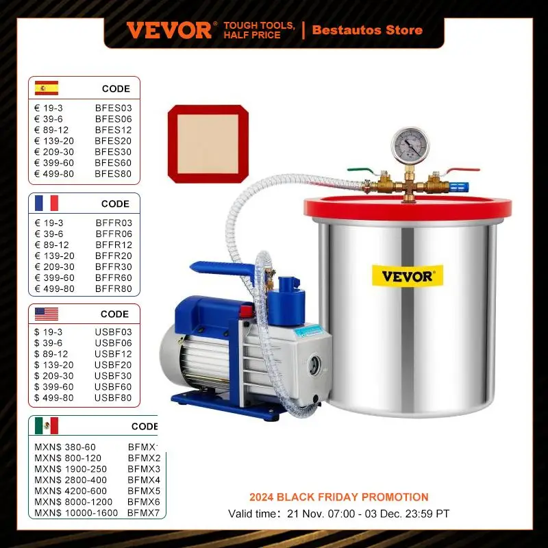 VEVOR Vacuum Chamber with Pump 5 Gallon Chamber 5CFM 1/2 HP Single Stage Rotary Vane 110V HVAC Air Tool Set for Stabilizing Wood