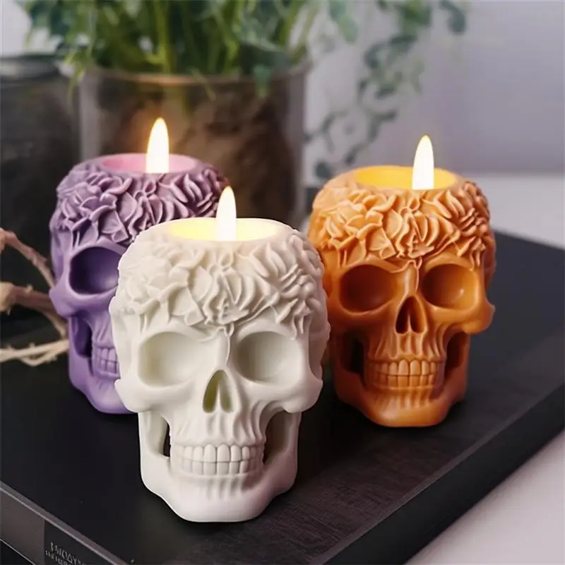 DIY 3Dスカルキャンドル用シリコンモールド、ハロウィーンローズ、エポキシ樹脂、石鹸石膏、工芸品、家の装飾、鋳造ツール