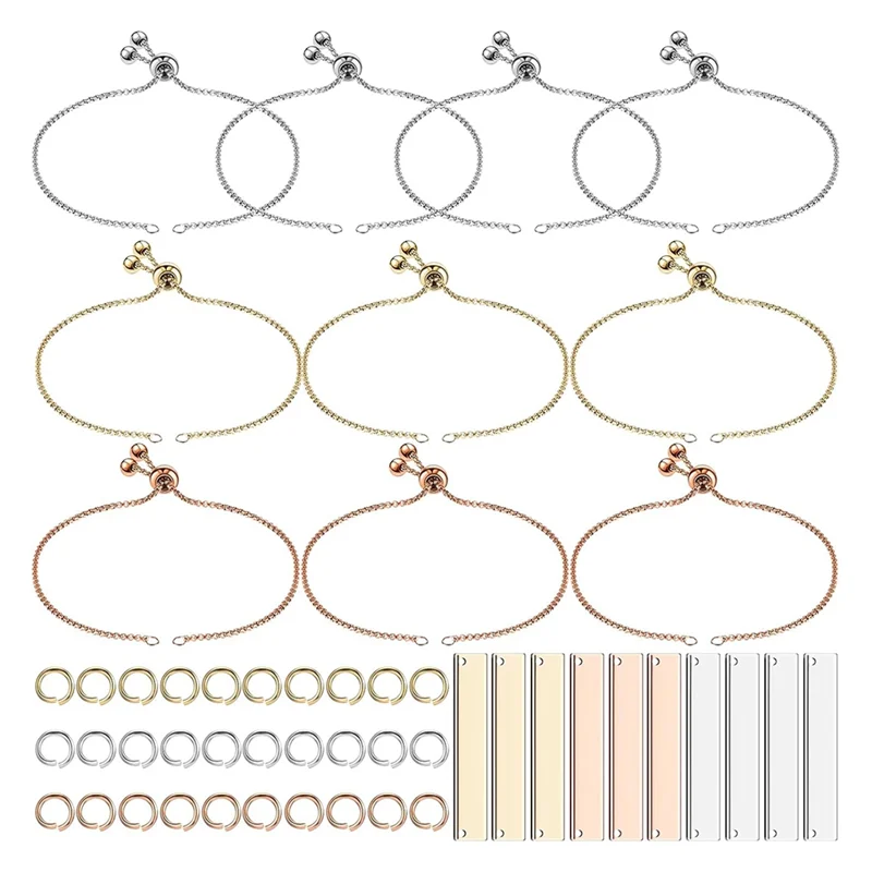 

NEW-Engravable Bracelets DIY Kit Including 10 Rectangle Blank Tag Pendants 10 Adjustable Slider Bracelets 30 Jump Rings