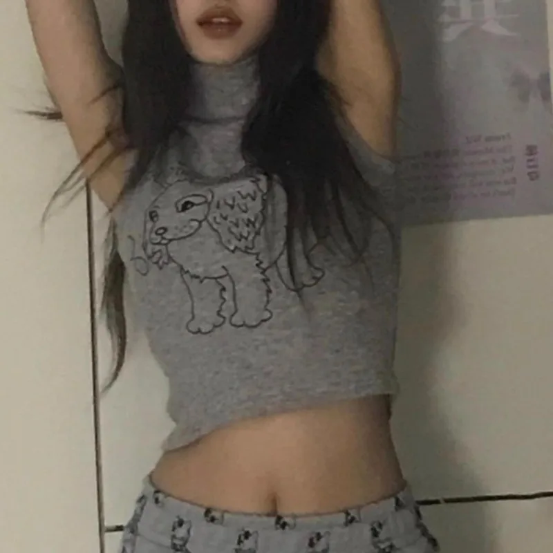 

High Collar Cartoon Print Casual Gray Tank Tops Women 2025 Summer New Streetwear Sexy Slim Thread Knitted Crop Tops