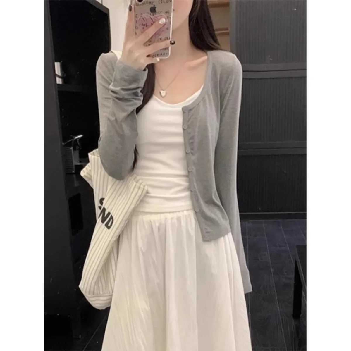 رمادي سليم صالح محبوك سترة مفتوحة كم طويل ملابس خارجية غير رسمية بسيطة تنوعا العلامة التجارية المرأة طاقم الرقبة البلوز الأعلى #1