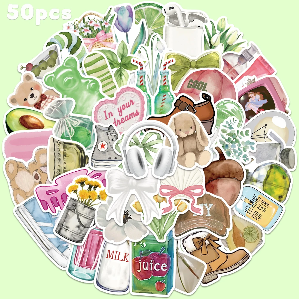 50 stücke Grüne Aquarell Aufkleber Ästhetische Cartoon Aufkleber Für Laptop Gitarre Notebook Sammelalbum Telefon DIY Aufkleber Aufkleber Urlaub Spielzeug