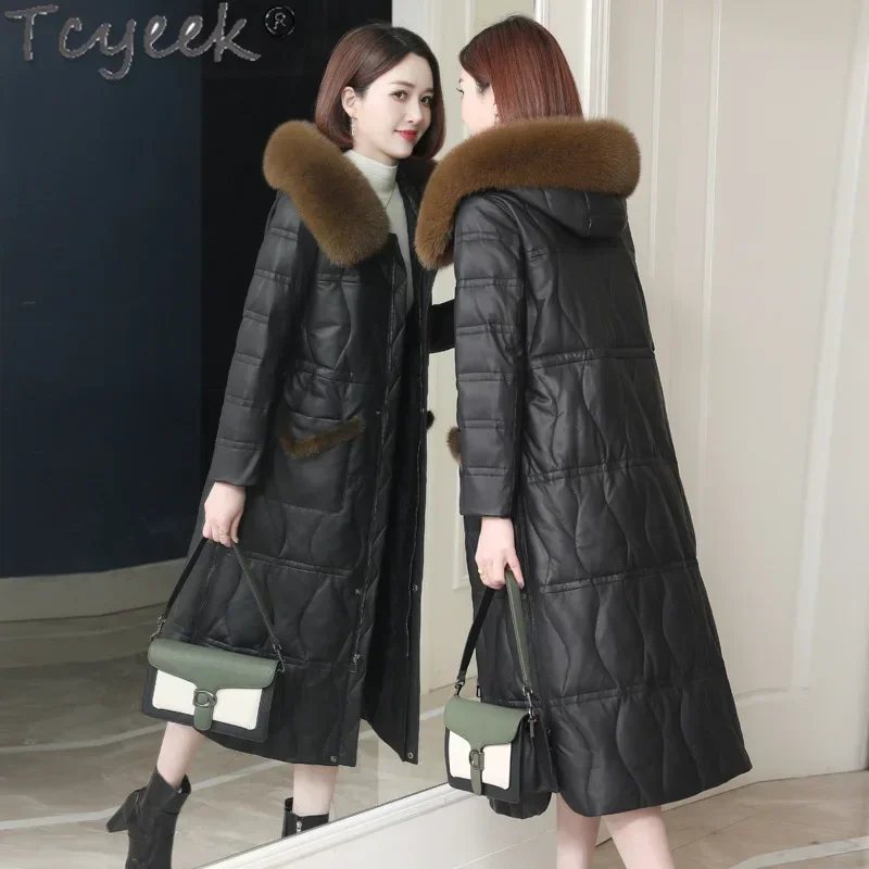 Tcyeek-Doudoune en cuir véritable pour femme, col en fourrure de renard chaud, vestes mi-longues, manteau 100% peau de mouton pour femme, vêtements d'hiver