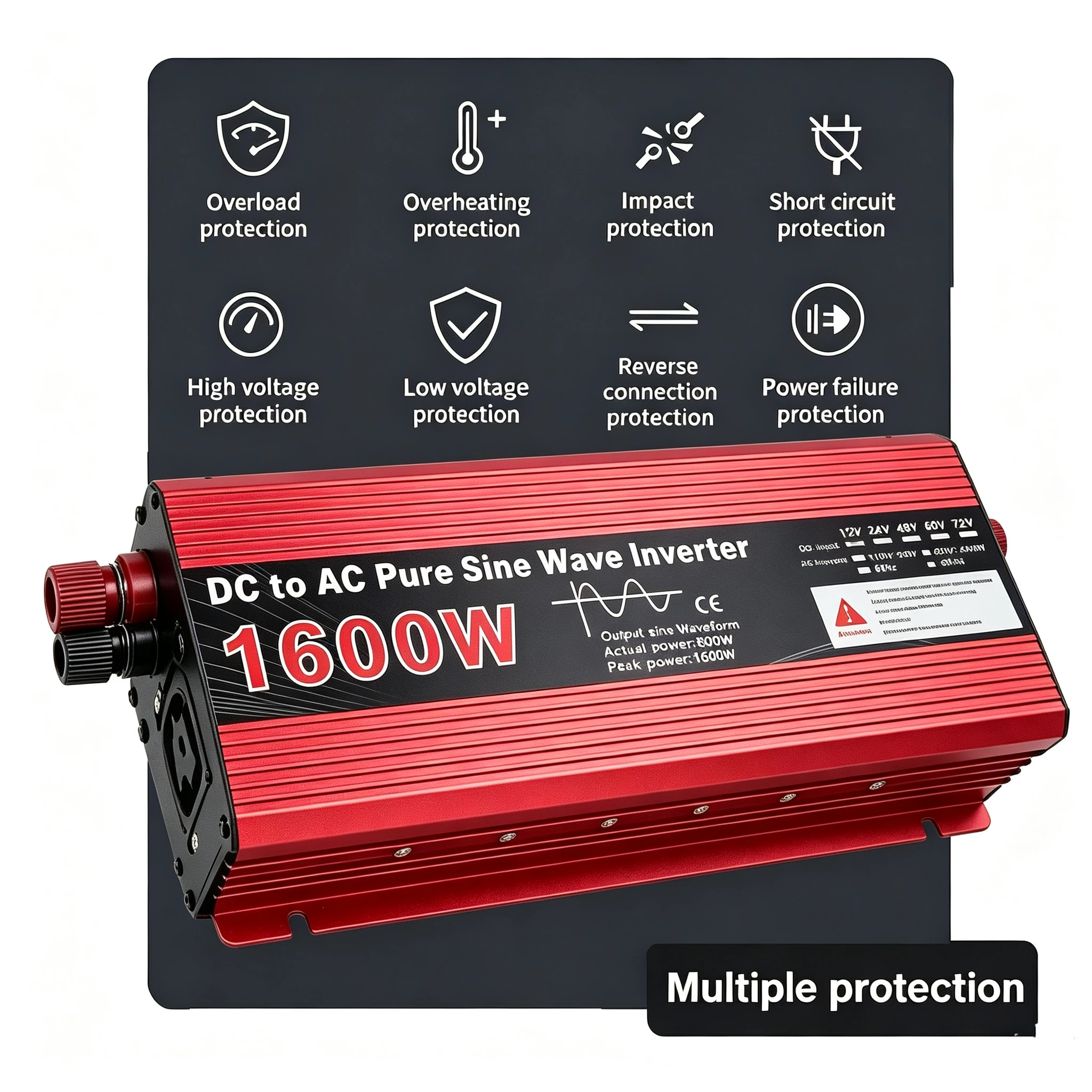 Pure Sine Wave Power Inverter 1600W, DC 12V/24V to AC 220V 50Hz Universal Socket for RV Car Solar Off-Grid Emergency Home Use