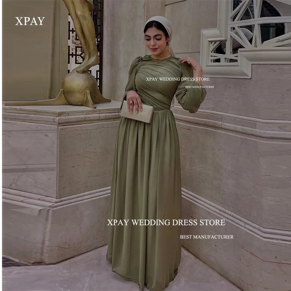 

XPAY Modest Army Green Silk Chiffon Evening Dresses Muslim Arabic Formal Occasion Dress Puff Long Sleeves O-Neck Prom Gowns