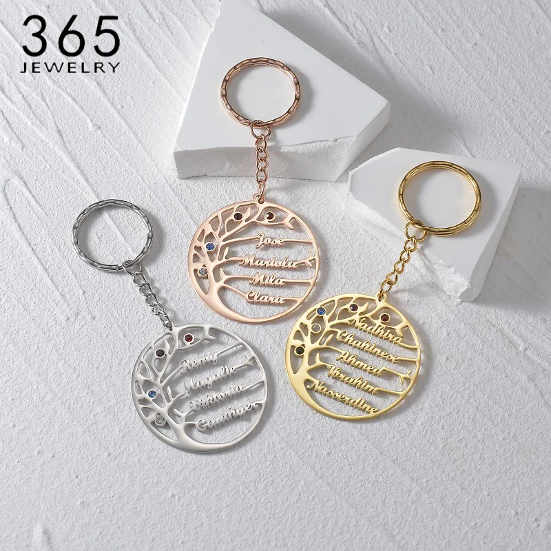 LLavero de árbol de la vida personalizable con múltiples nombres, acero inoxidable, personalizado con piedras natal, colgante redondo, joyería familiar, 365