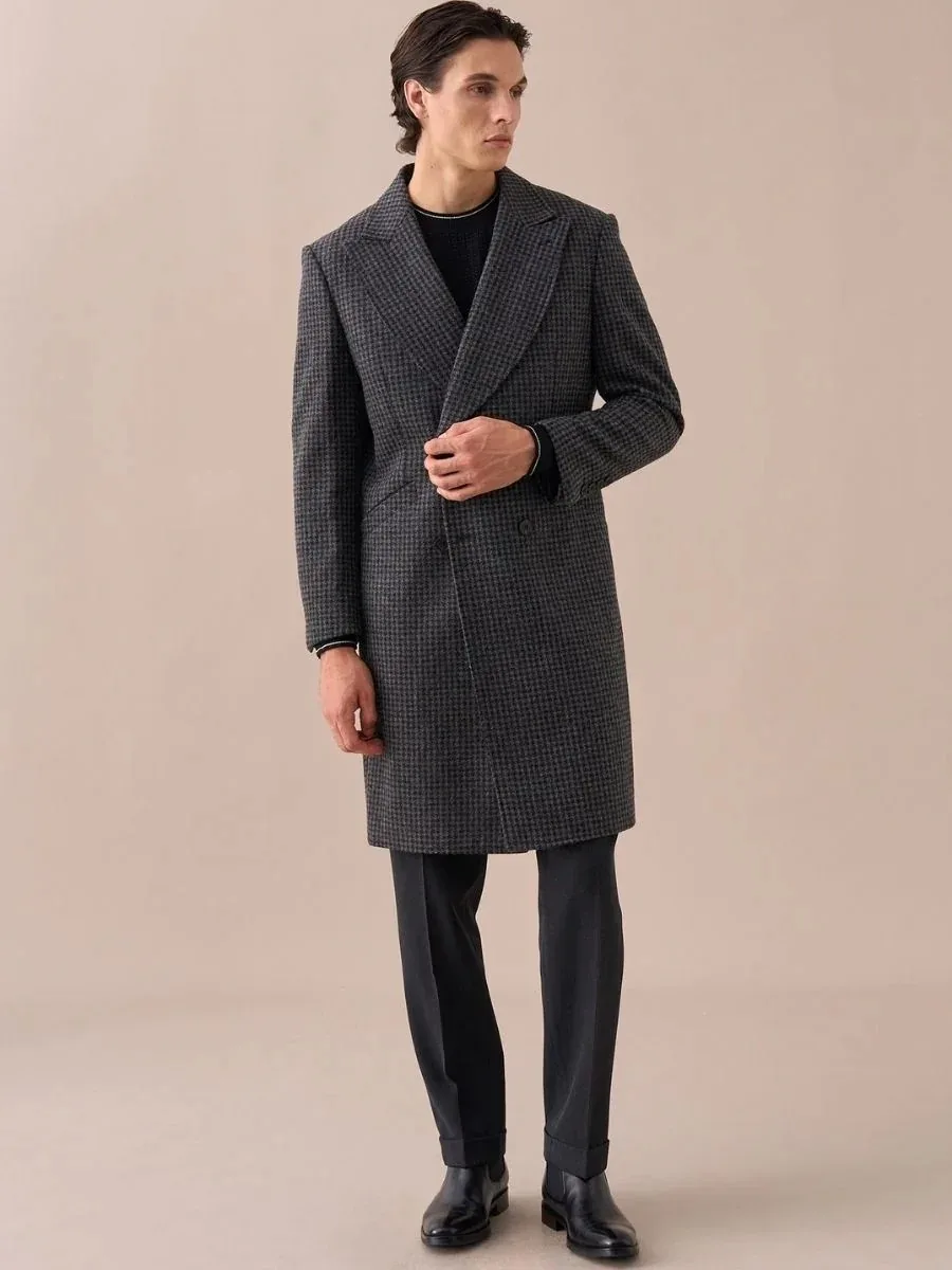 Classic Grey Houndstooth Tweed Double-Breasted Overcoat with Notch Lapel Men Autumn Business Long Coat Customized E26118