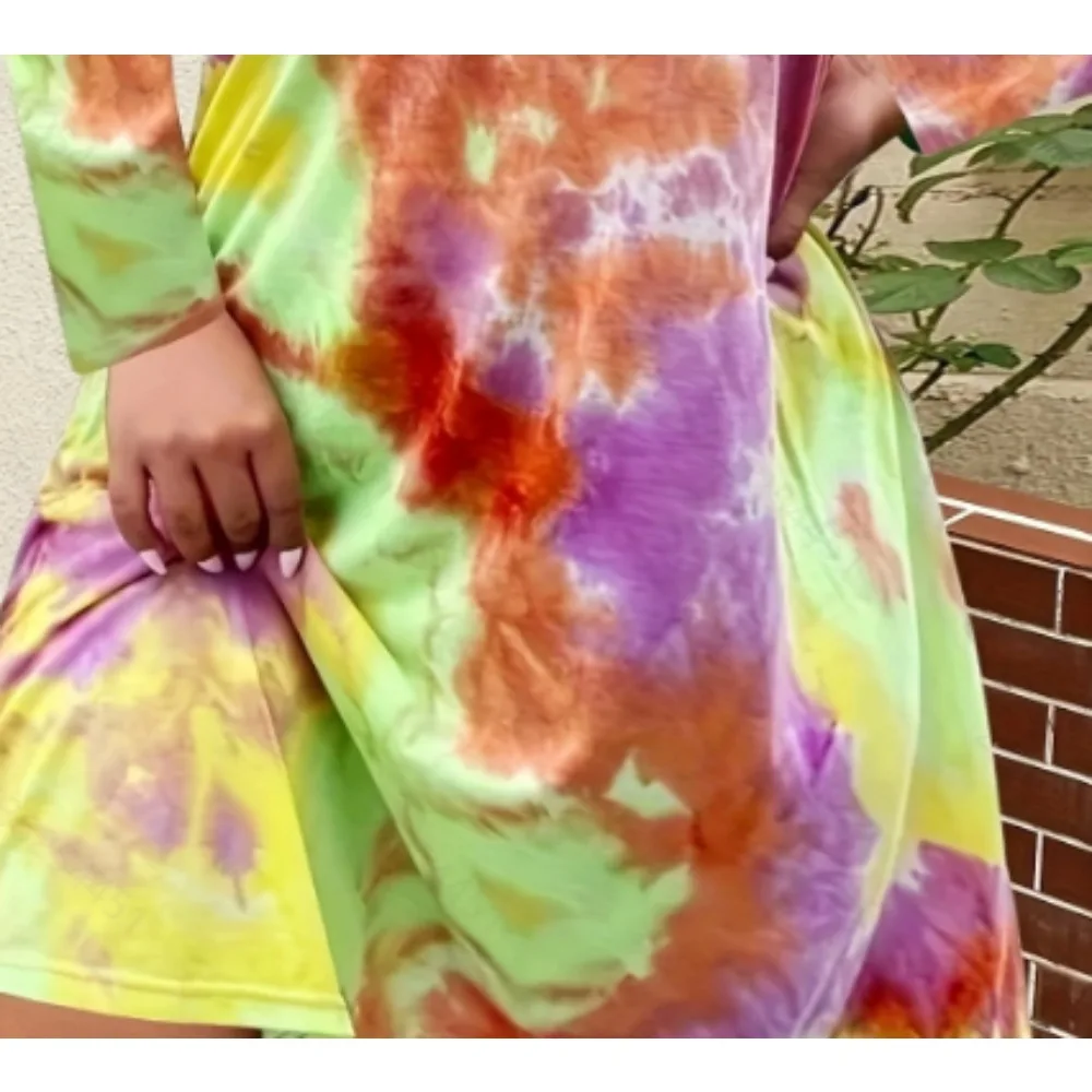 Plus Size Fashion Women's Casual Women's Tie Dye Round Neck Long Sleeve Dress